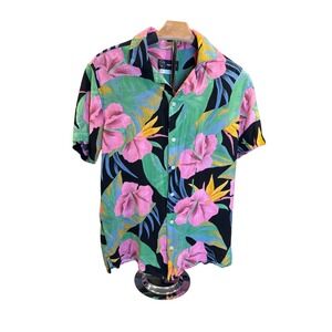 Vacay Original Use Mens Tropical Floral Button Up Shirt Size S Black Pink Green